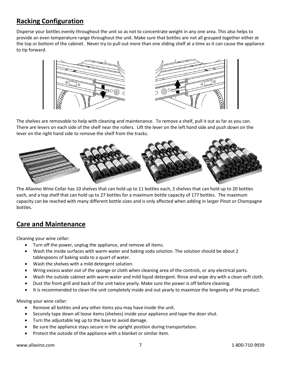 Racking configuration, Care and maintenance | Allavino VWR1601-SRT FlexCount Series 177 Bottle Single Zone Wine Refrigerator with Towel Bar Handle - Right Hinge User Manual | Page 7 / 10