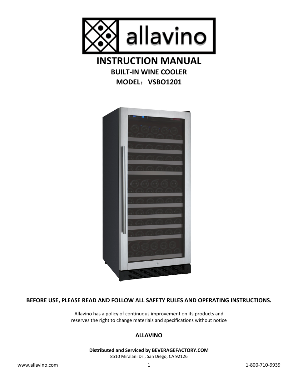Allavino VWR1201-SRT FlexCount Series 128 Bottle Single Zone Wine Refrigerator with Towel Bar Handle - Right Hinge User Manual | 10 pages