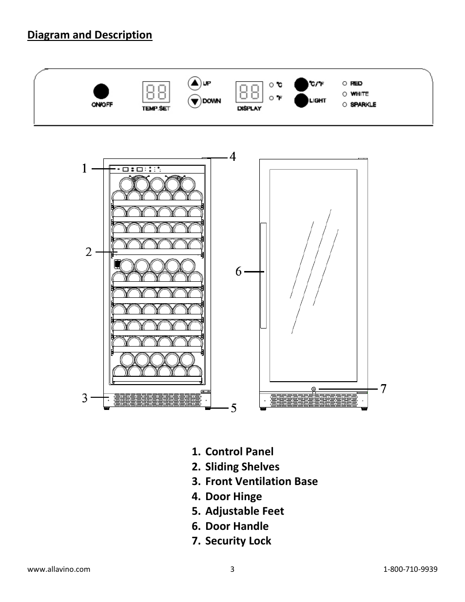 Diagram and description | Allavino VWR1201-SRT FlexCount Series 128 Bottle Single Zone Wine Refrigerator with Towel Bar Handle - Right Hinge User Manual | Page 3 / 10