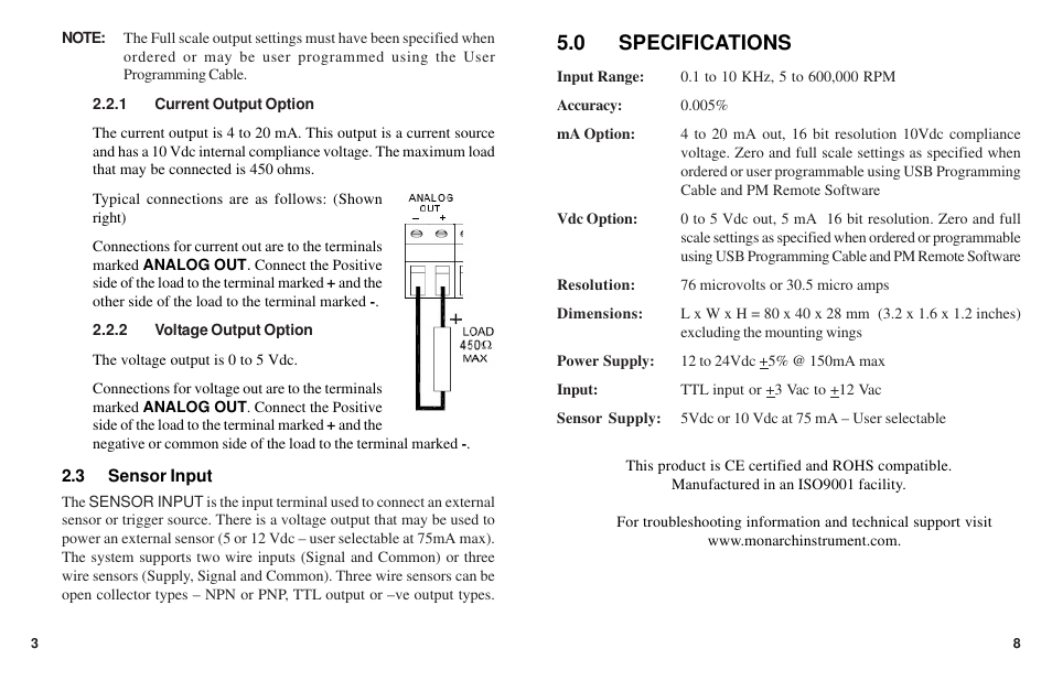 0 specifications | Monarch Instrument F2A1X User Manual | Page 6 / 8