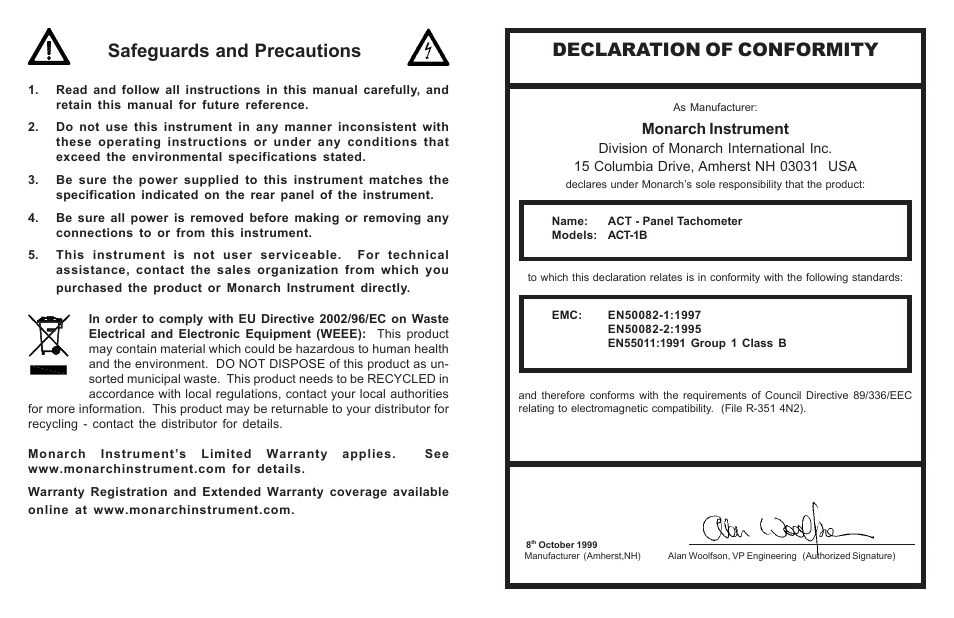 Safeguards and precautions, Declaration of conformity, Monarch instrument | Monarch Instrument ACT-1B Series User Manual | Page 2 / 8