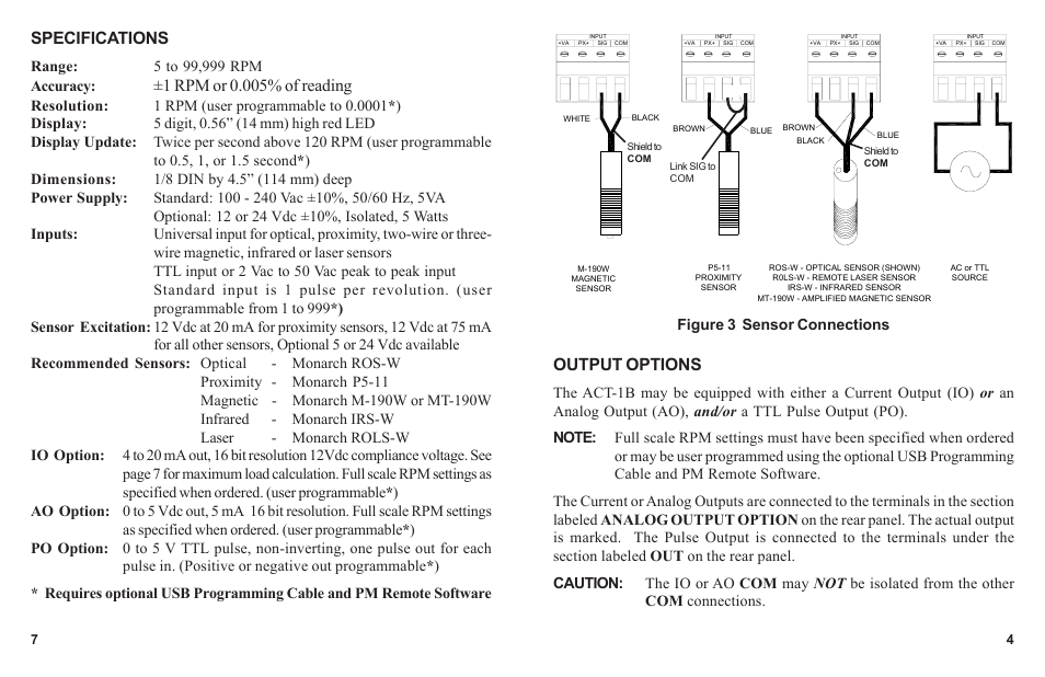 Output options, Specifications, Figure 3 sensor connections | Monarch Instrument ACT-1B Series User Manual | Page 7 / 8