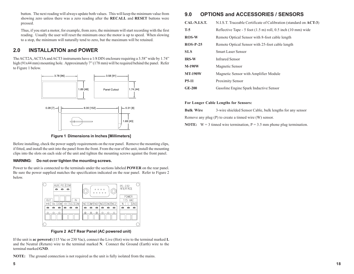 0 installation and power, 0 options and accessories / sensors | Monarch Instrument ACT-3 User Manual | Page 10 / 16