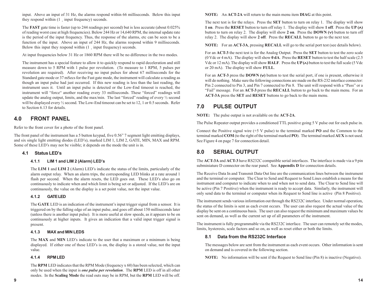 0 front panel, 0 pulse output, 0 serial output | Monarch Instrument ACT-3 User Manual | Page 14 / 16