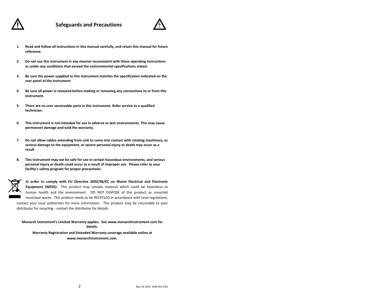 Safeguards and precautions | Monarch Instrument F2A3X User Manual | Page 2 / 6