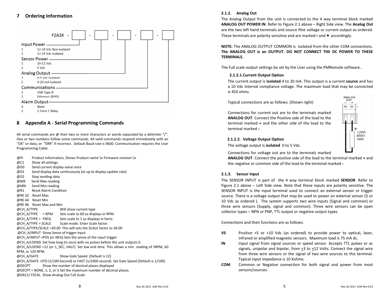 7ordering information, 8appendix a - serial programming commands | Monarch Instrument F2A3X User Manual | Page 5 / 6