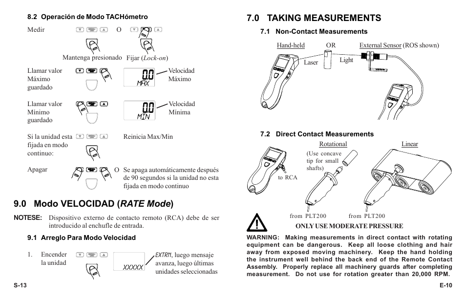 0 taking measurements, 0 modo velocidad ( rate mode ) | Monarch Instrument PLT200 User Manual | Page 13 / 42