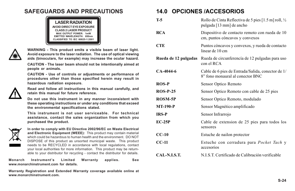 Safeguards and precautions, 0 opciones /accesorios | Monarch Instrument PLT200 User Manual | Page 2 / 42