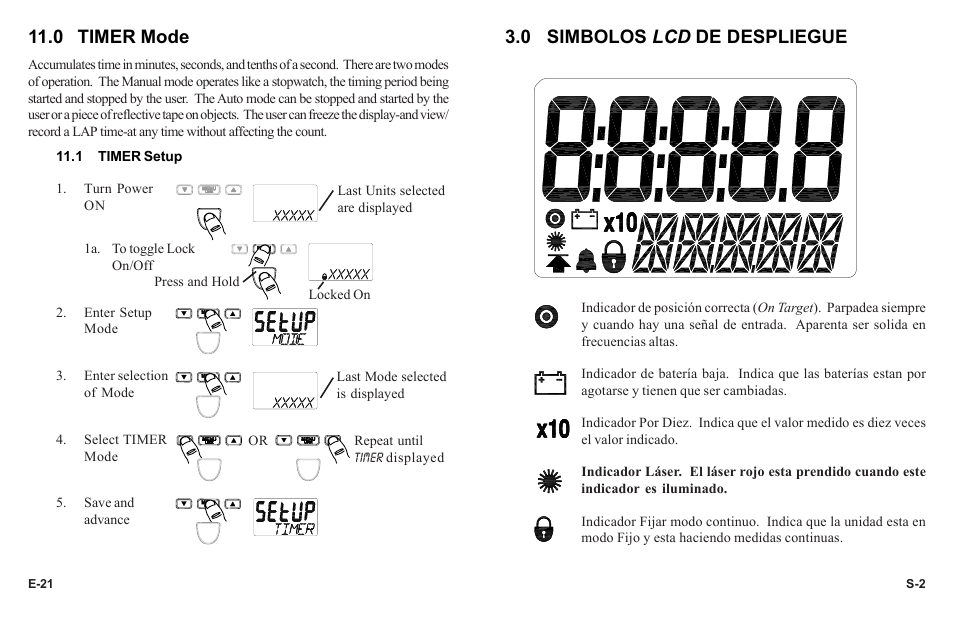 0 timer mode, 0 simbolos lcd de despliegue | Monarch Instrument PLT200 User Manual | Page 24 / 42