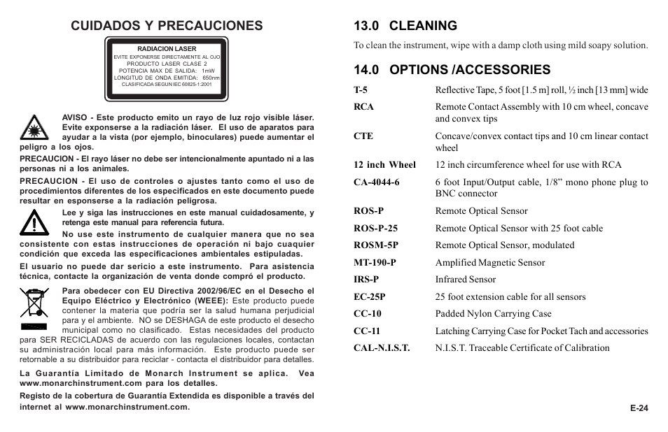 0 cleaning, 0 options /accessories, Cuidados y precauciones | Monarch Instrument PLT200 User Manual | Page 27 / 42