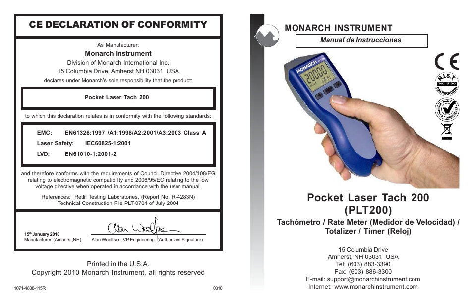 Ce declaration of conformity, Monarch instrument | Monarch Instrument PLT200 User Manual | Page 28 / 42