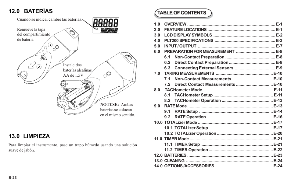 0 baterías 13.0 limpieza | Monarch Instrument PLT200 User Manual | Page 3 / 42