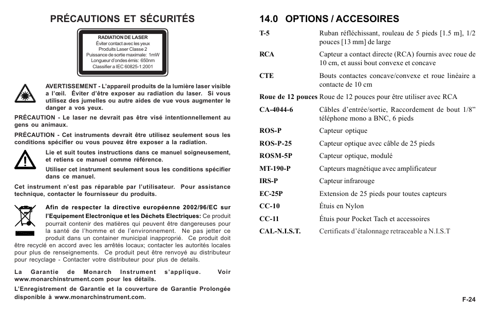 Précautions et sécurités, 0 options / accesoires | Monarch Instrument PLT200 User Manual | Page 30 / 42