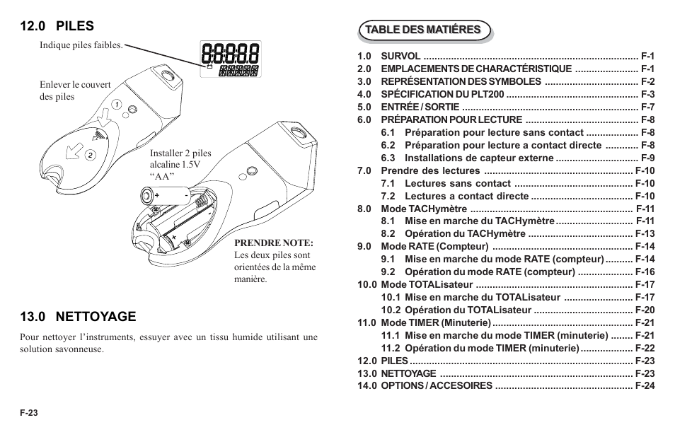 0 piles 13.0 nettoyage | Monarch Instrument PLT200 User Manual | Page 31 / 42