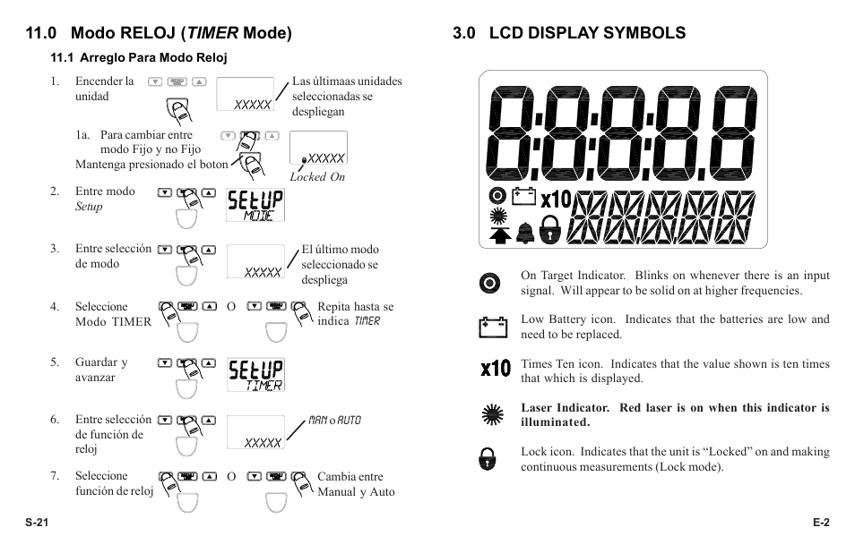 0 lcd display symbols, 0 modo reloj ( timer mode) | Monarch Instrument PLT200 User Manual | Page 5 / 42