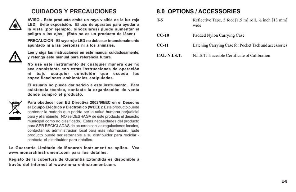 0 options / accessories, Cuidados y precauciones | Monarch Instrument PT99 User Manual | Page 11 / 18