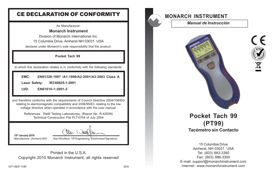 Pocket tach 99 (pt99), Ce declaration of conformity, Monarch instrument | Tacómetro sin contacto | Monarch Instrument PT99 User Manual | Page 12 / 18