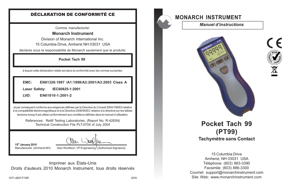 Pocket tach 99 (pt99), Monarch instrument, Tachymètre sans contact | Monarch Instrument PT99 User Manual | Page 13 / 18