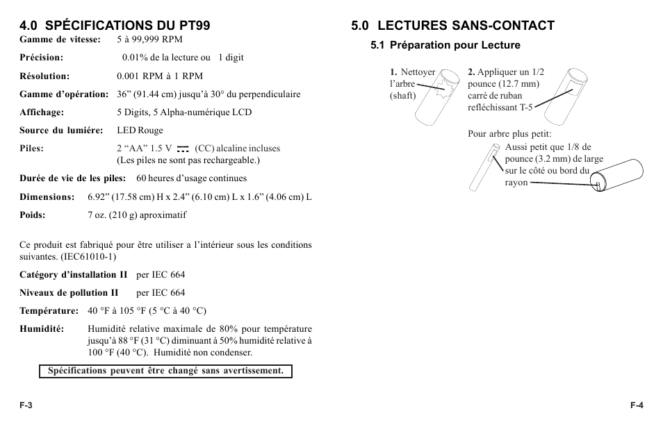 0 spécifications du pt99, 0 lectures sans-contact | Monarch Instrument PT99 User Manual | Page 18 / 18