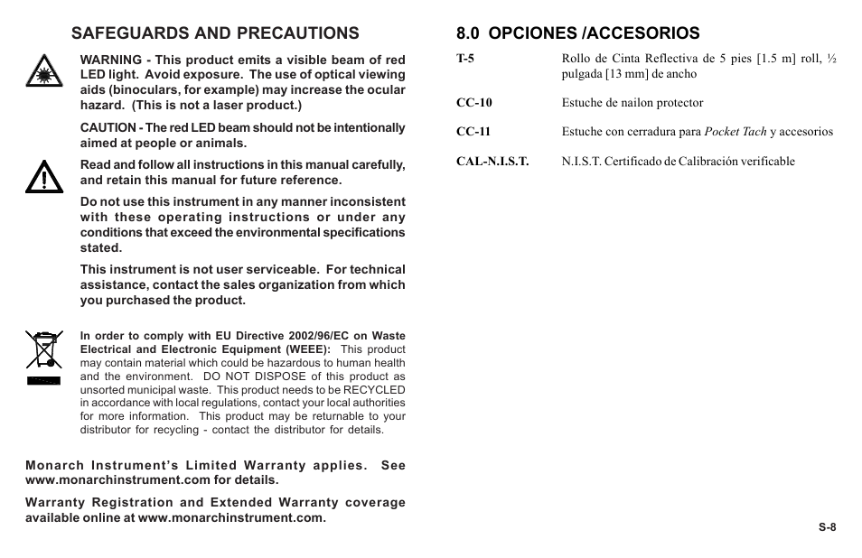 Safeguards and precautions, 0 opciones /accesorios | Monarch Instrument PT99 User Manual | Page 2 / 18