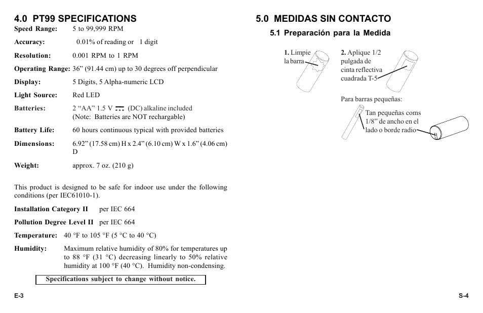 0 pt99 specifications, 0 medidas sin contacto | Monarch Instrument PT99 User Manual | Page 6 / 18