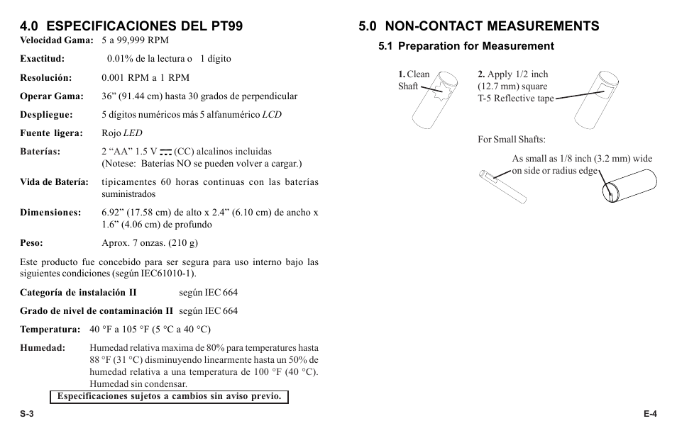 0 non-contact measurements, 0 especificaciones del pt99 | Monarch Instrument PT99 User Manual | Page 7 / 18
