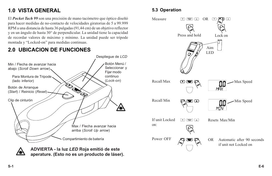 0 vista general, 0 ubicacion de funciones | Monarch Instrument PT99 User Manual | Page 9 / 18