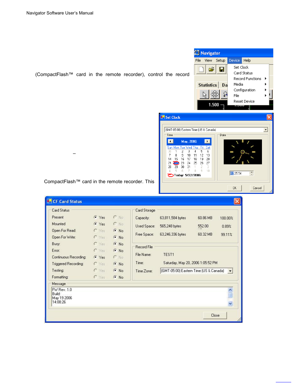 Working with remote recorders, Set clock, Card status | Record functions, Section 3.6 | Monarch Instrument Navigator User Manual | Page 17 / 20