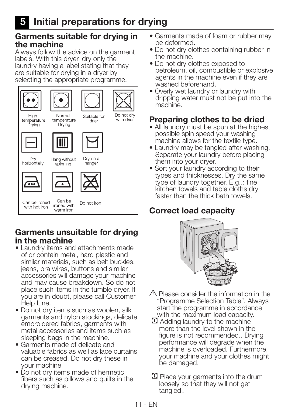 5initial preparations for drying | Beko DRVS 73 S User Manual | Page 11 / 28