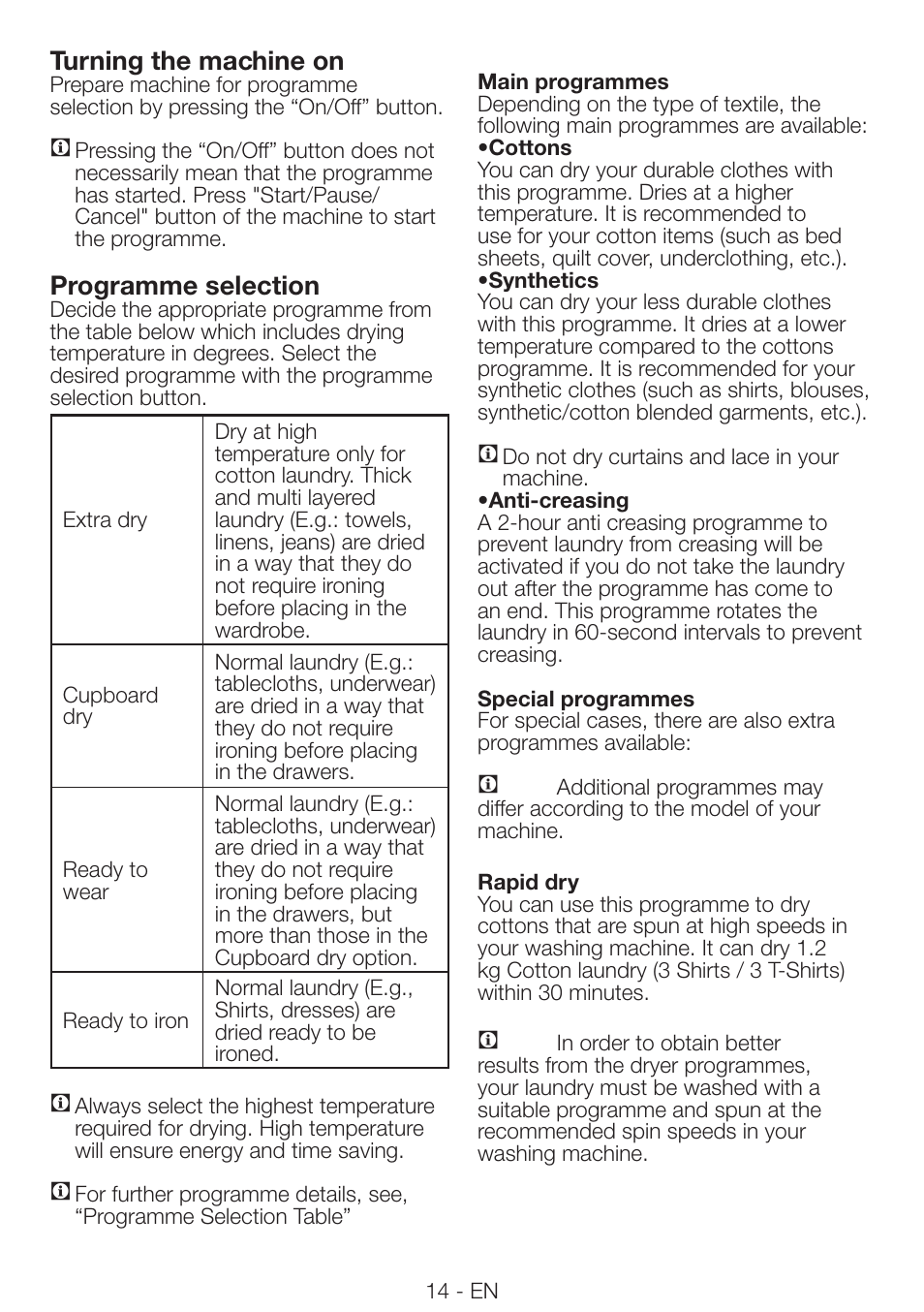 Turning the machine on, Programme selection | Beko DRVS 73 S User Manual | Page 14 / 28