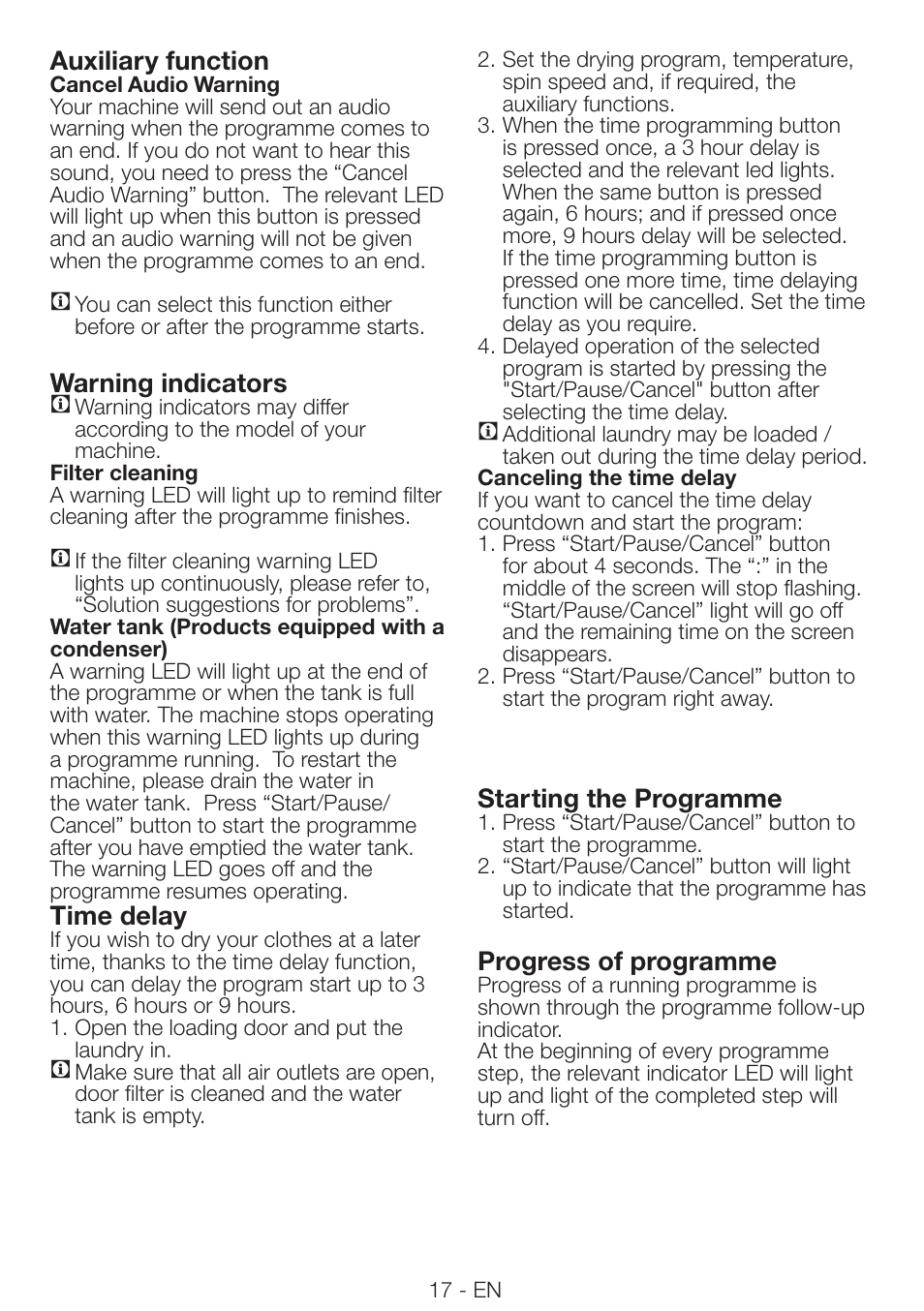 Auxiliary function, Warning indicators c, Time delay | Starting the programme, Progress of programme | Beko DRVS 73 S User Manual | Page 17 / 28