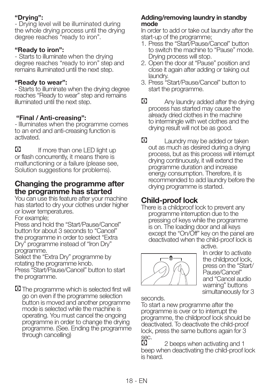 Child-proof lock | Beko DRVS 73 S User Manual | Page 18 / 28