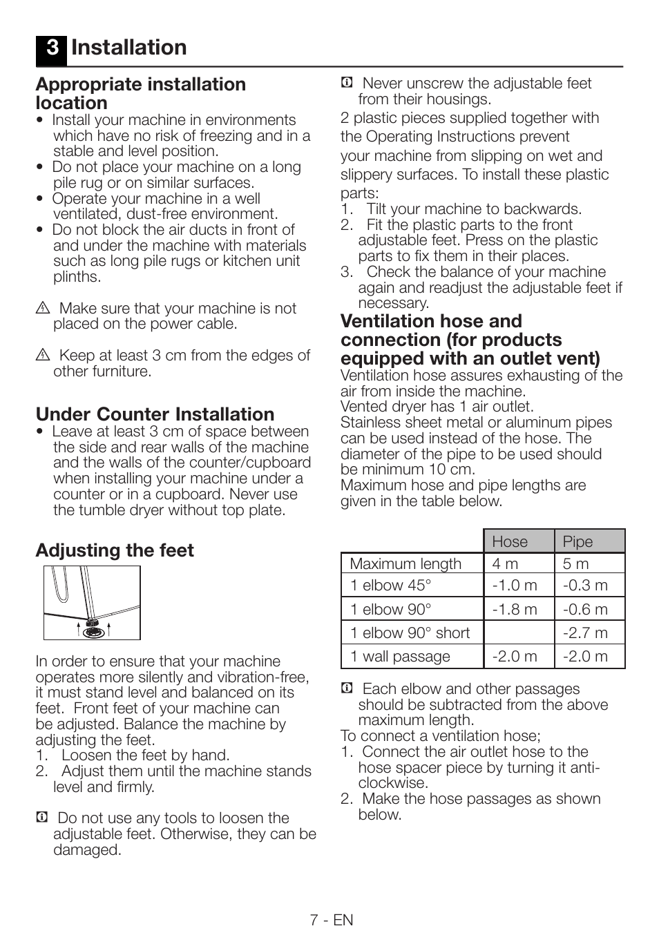 3installation, Appropriate installation location, Under | Counter, Installation, Adjusting the feet | Beko DRVS 73 S User Manual | Page 7 / 28