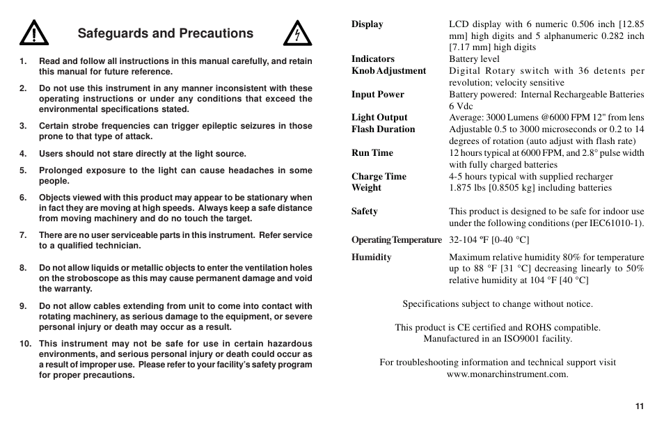 Safeguards and precautions | Monarch Instrument Nova-Strobe BBL User Manual | Page 2 / 8