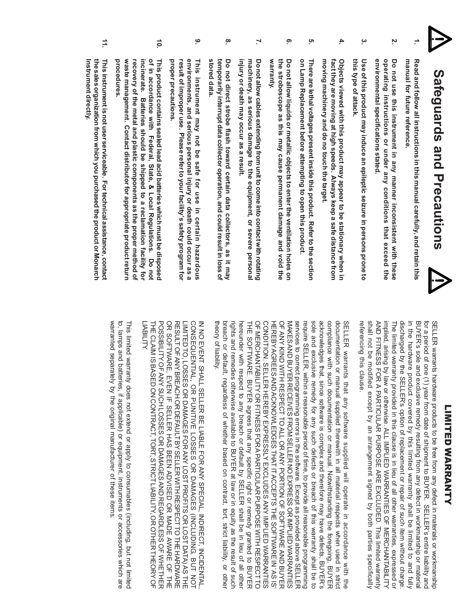 Safeguards and precautions, Limited warranty | Monarch Instrument Nova-Strobe BA User Manual | Page 2 / 6