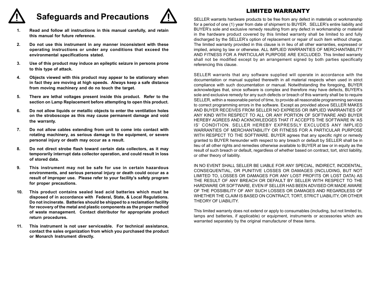 Safeguards and precautions, Limited warranty | Monarch Instrument Nova Strobe DB Plus User Manual | Page 2 / 8