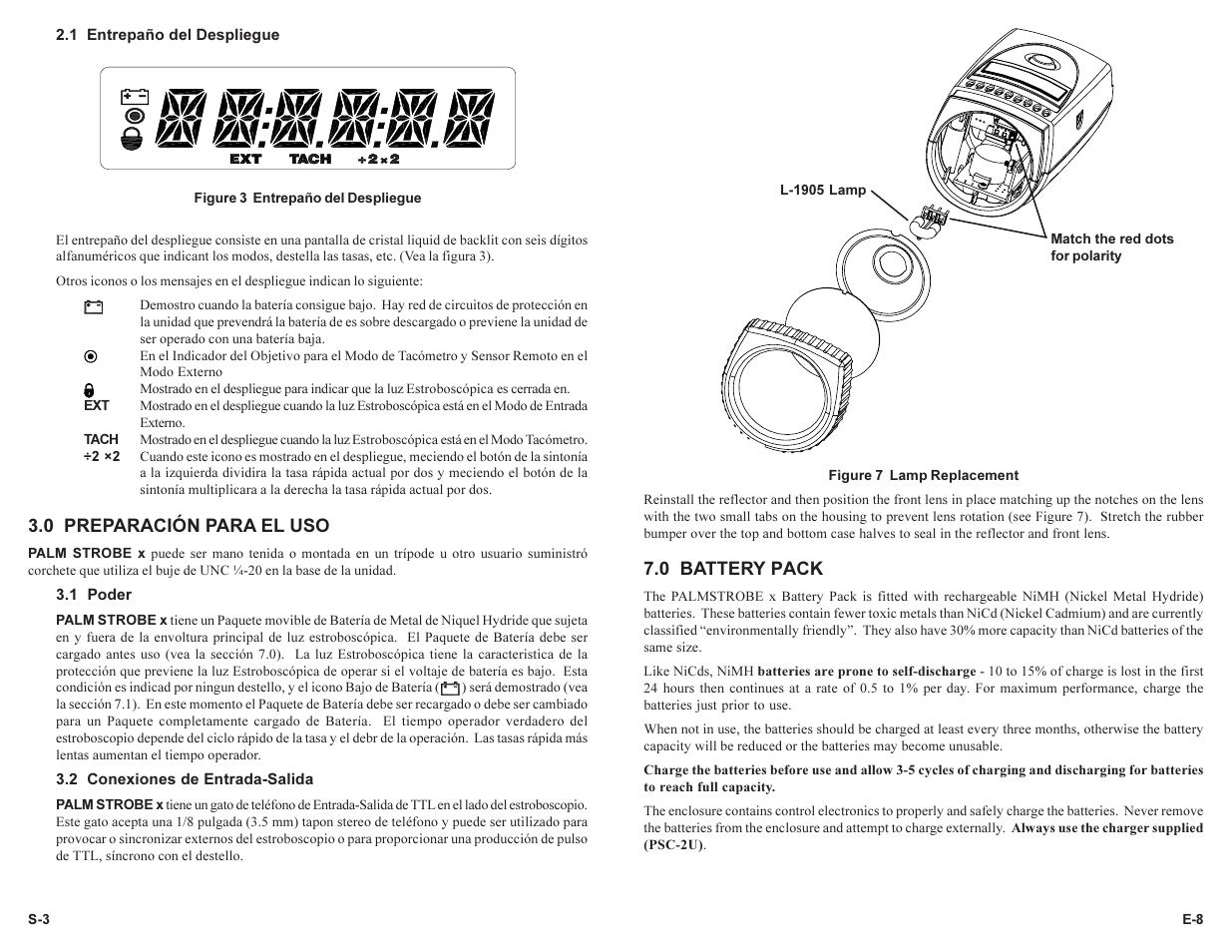 0 battery pack, 0 preparación para el uso | Monarch Instrument PALM STROBE User Manual | Page 11 / 24