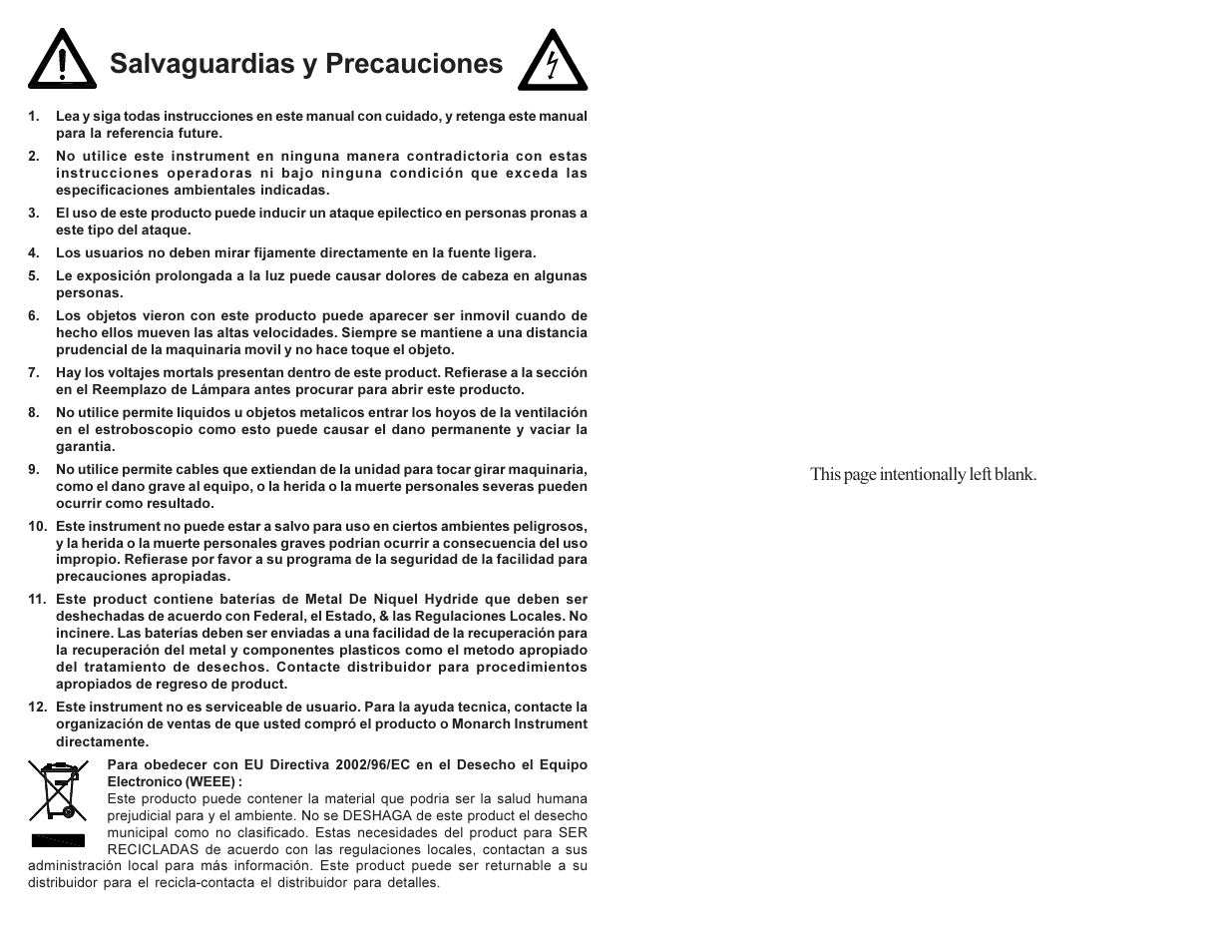 Salvaguardias y precauciones, This page intentionally left blank | Monarch Instrument PALM STROBE User Manual | Page 15 / 24