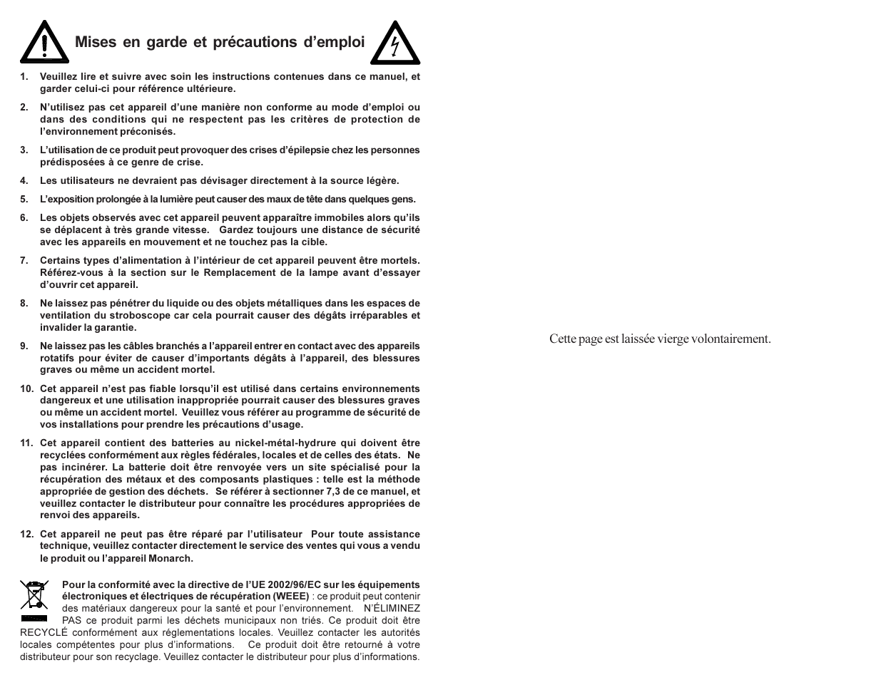 Mises en garde et précautions d’emploi, Cette page est laissée vierge volontairement | Monarch Instrument PALM STROBE User Manual | Page 18 / 24