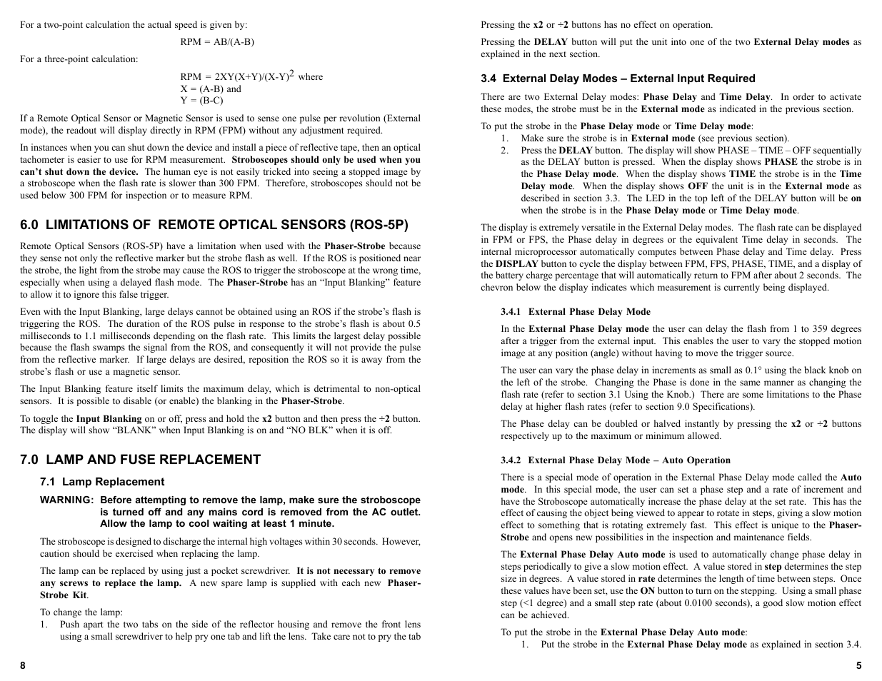 0 limitations of remote optical sensors (ros-5p), 0 lamp and fuse replacement | Monarch Instrument Phaser-Strobe User Manual | Page 9 / 10