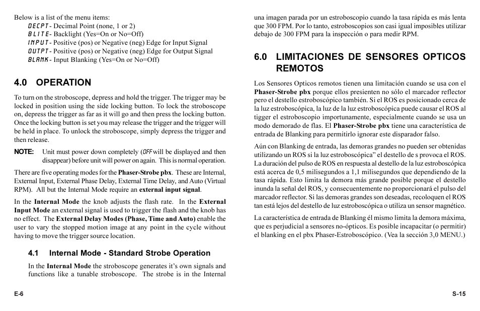 0 operation, 0 limitaciones de sensores opticos remotos | Monarch Instrument Phaser-Strobe pbx User Manual | Page 10 / 44