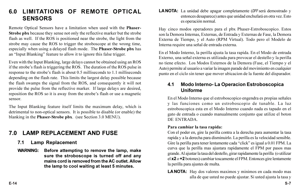 0 limitations of remote optical sensors, 0 lamp replacement and fuse | Monarch Instrument Phaser-Strobe pbx User Manual | Page 18 / 44