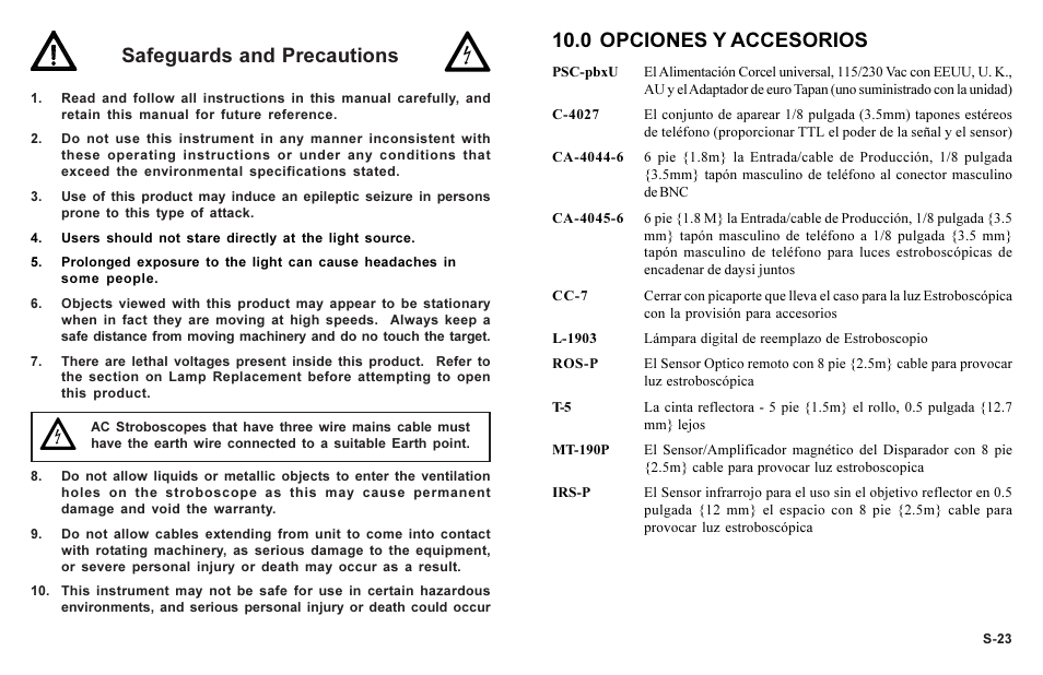 Safeguards and precautions, 0 opciones y accesorios | Monarch Instrument Phaser-Strobe pbx User Manual | Page 2 / 44