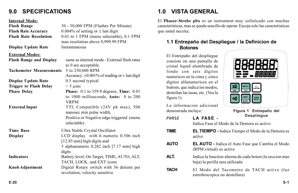 0 specifications, 0 vista general | Monarch Instrument Phaser-Strobe pbx User Manual | Page 24 / 44
