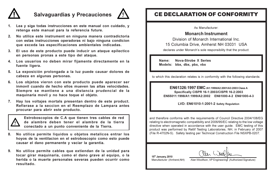 Ce declaration of conformity, Salvaguardias y precauciones, Monarch instrument | Monarch Instrument Phaser-Strobe pbx User Manual | Page 27 / 44