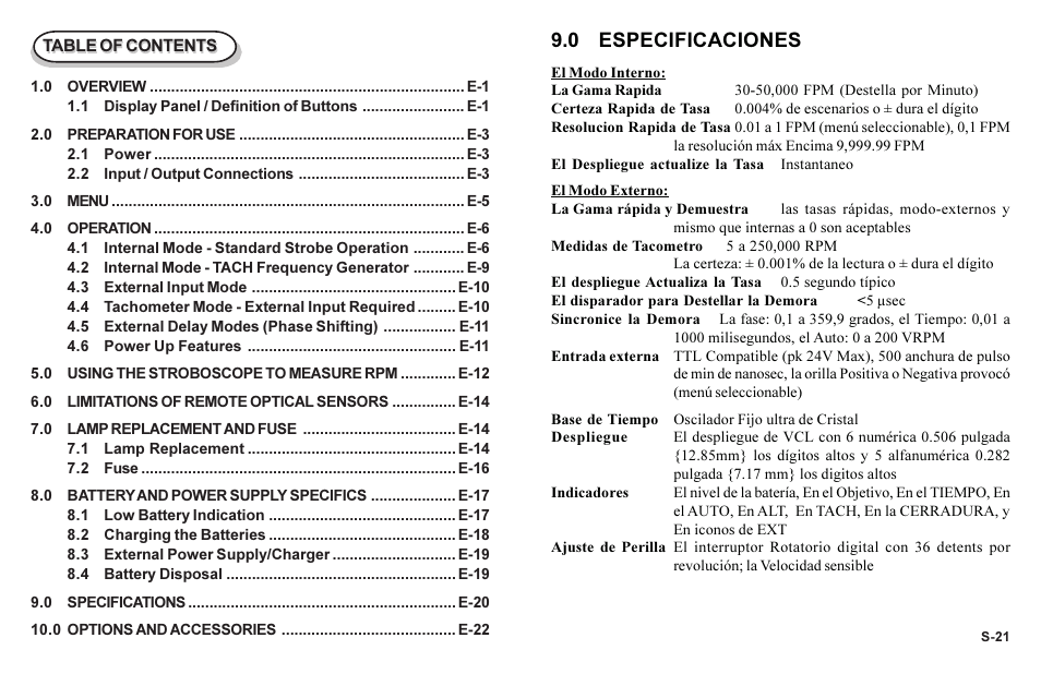 0 especificaciones | Monarch Instrument Phaser-Strobe pbx User Manual | Page 4 / 44