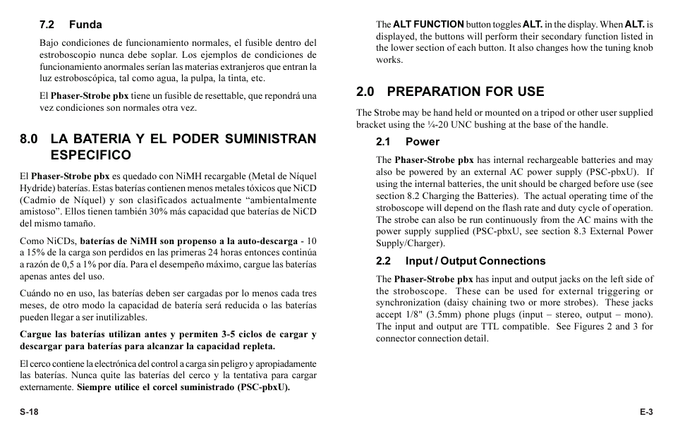 0 preparation for use, 0 la bateria y el poder suministran especifico | Monarch Instrument Phaser-Strobe pbx User Manual | Page 7 / 44