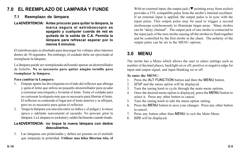 0 menu, 0 el reemplazo de lampara y funde | Monarch Instrument Phaser-Strobe pbx User Manual | Page 9 / 44