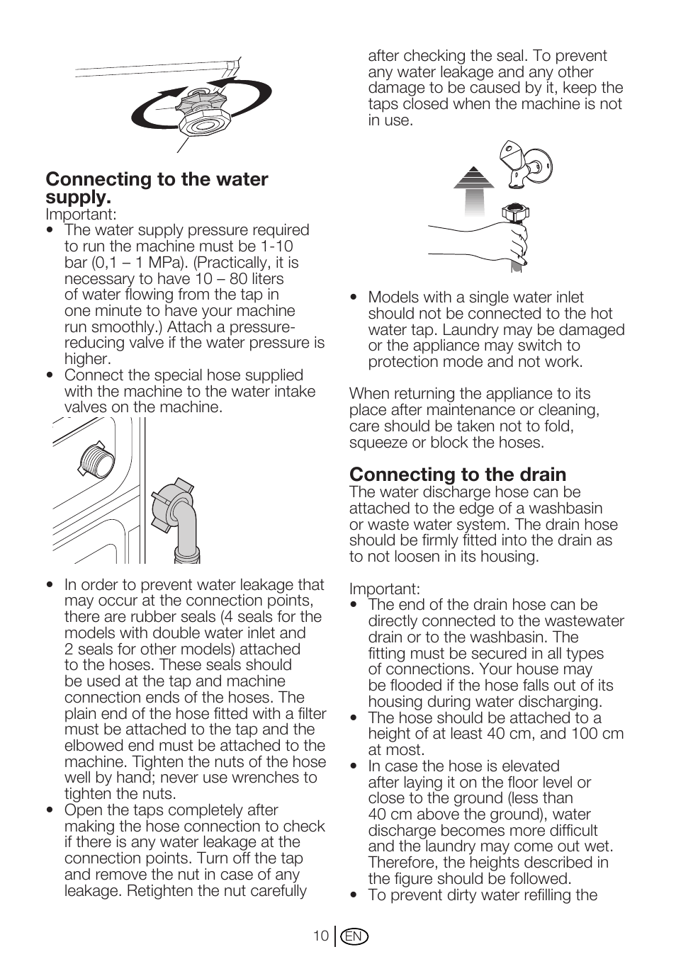 Connecting to the water supply, Connecting to the drain | Beko WMC62W User Manual | Page 10 / 36