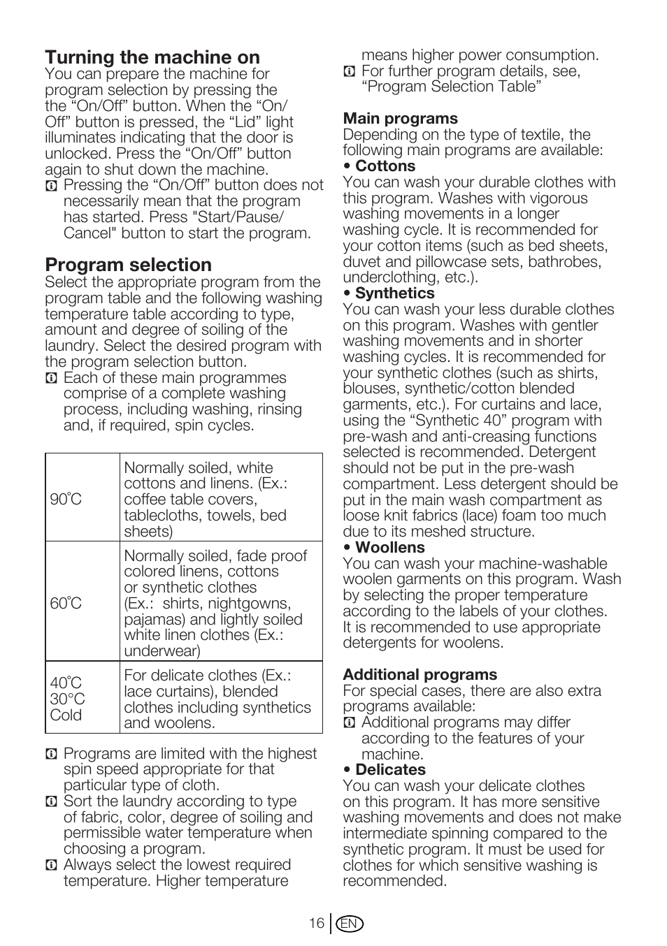 Turning the machine on, Program selection | Beko WMC62W User Manual | Page 16 / 36